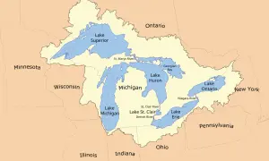 Mapa Wielkich Jezior. Jezioro Erie znajduje się na południe od Jeziora Huron i Michigan, na wschód od Ohio i Pensylwanii.