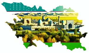 Krajobraz Uzbekistanu z zabytkami i flagą. Czy wyjazd do Uzbekistanu jest bezpieczny? Tak, to fascynująca podróż!