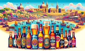 Malta: piwo na plaży, a ile kosztuje alkohol na Malcie? Kolorowe butelki i puszki piwa na tle maltańskiego wybrzeża.