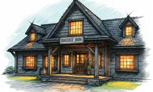 Ilustracja karczmy "SHOOOKS INN" z zapalonymi oknami.