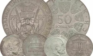 Kiedyś drobniak w Austrii. Kolekcja monet upamiętniających 50-lecie republiki, uniwersytet w Salzburgu i postacie historyczne.