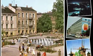Co zobaczyć w Radomiu: Rynek z fontanną, nocna panorama miasta, budynek Technitronu i zabytkowe wiatraki.