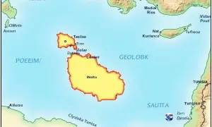 Mapa pokazuje, gdzie leży Malta na mapie, między Tunezją a Cyprem, na Morzu Śródziemnym.