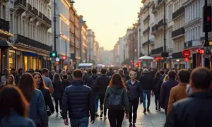 Tłum ludzi na ulicy, zachód słońca. Czy Londyn jest niebezpieczny? Tłok nie musi oznaczać zagrożenia.