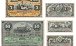 Stare banknoty z Kuby: 5, 1 i 10 pesos, gdzie jest waluta pesos. Widoczne sceny z życia i symbole narodowe.
