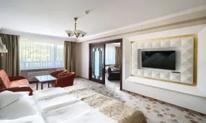 Wnętrze pokoju hotelowego z widokiem na góry. Hotel Gołębiewski w Wiśle oferuje wiele pokoi, ten jest przestronny i komfortowy.