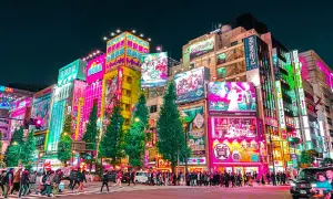 Akihabara nocą, pełna neonów i reklam, to miejsce, co warto zobaczyć w Tokio. Tłumy ludzi przechodzą przez pasy.