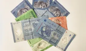 Malezyjskie banknoty, w tym 1 RM i 10 RM, z wizerunkiem króla.