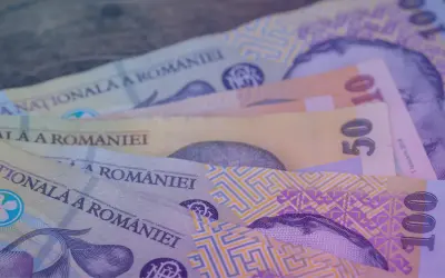 Kilka banknotów rumuńskiej waluty lei leży na drewnianym blacie. Widać nominały 10, 50 i 100.