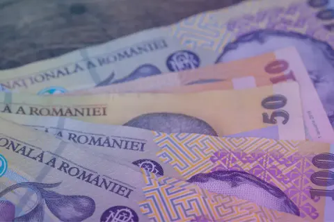 Kilka banknotów rumuńskiej waluty lei leży na drewnianym blacie. Widać nominały 10, 50 i 100.