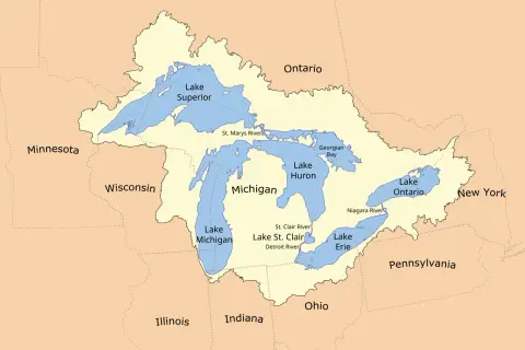 Mapa Wielkich Jezior. Jezioro Erie znajduje się na południe od Jeziora Huron i Michigan, na wschód od Ohio i Pensylwanii.