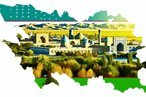 Krajobraz Uzbekistanu z zabytkami i flagą. Czy wyjazd do Uzbekistanu jest bezpieczny? Tak, to fascynująca podróż!