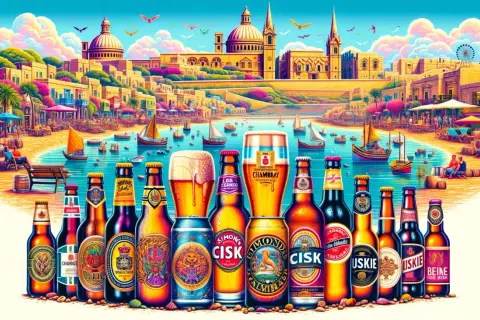 Malta: piwo na plaży, a ile kosztuje alkohol na Malcie? Kolorowe butelki i puszki piwa na tle maltańskiego wybrzeża.