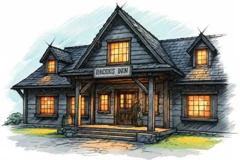 Ilustracja karczmy "SHOOOKS INN" z zapalonymi oknami.