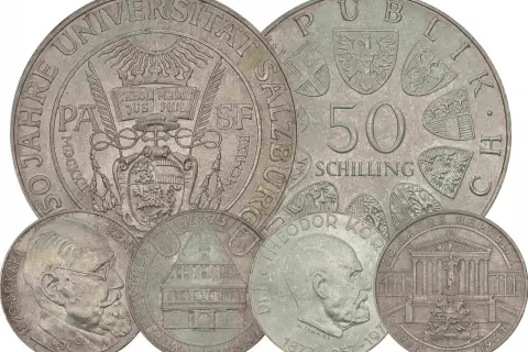 Kiedyś drobniak w Austrii. Kolekcja monet upamiętniających 50-lecie republiki, uniwersytet w Salzburgu i postacie historyczne.