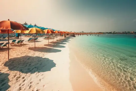 Piękna plaża z rzędem parasoli i leżaków, turkusowa woda i ludzie kąpiący się w morzu. Czy Djerba jest bezpieczna? Wygląda na spokojną i relaksującą.