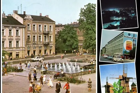 Co zobaczyć w Radomiu: Rynek z fontanną, nocna panorama miasta, budynek Technitronu i zabytkowe wiatraki.