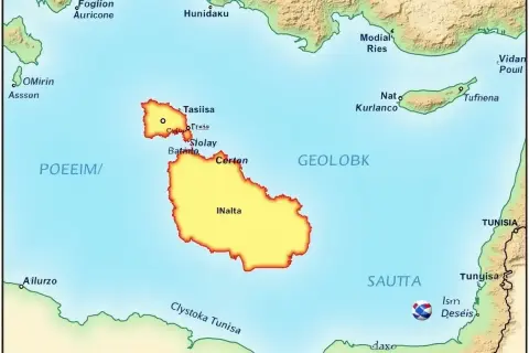 Mapa pokazuje, gdzie leży Malta na mapie, między Tunezją a Cyprem, na Morzu Śródziemnym.