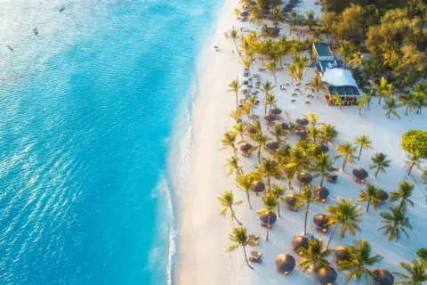 Rajska plaża z palmami i turkusową wodą. Idealne miejsce, by odpocząć. Kiedy najlepiej lecieć na Zanzibar? W porze suchej, od czerwca do października.