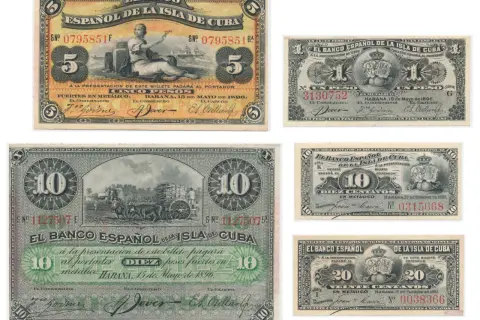 Stare banknoty z Kuby: 5, 1 i 10 pesos, gdzie jest waluta pesos. Widoczne sceny z życia i symbole narodowe.
