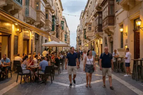 Ludzie spacerują i jedzą w restauracjach na maltańskiej uliczce. Czy Malta jest zagrożona? Wygląda na to, że tętni życiem.