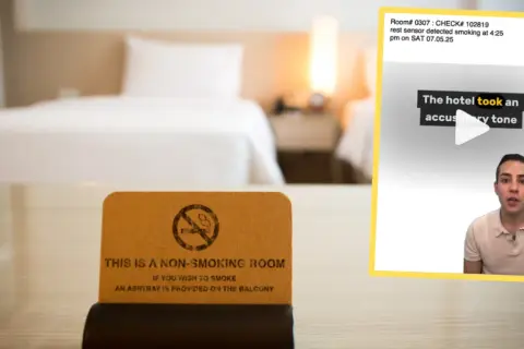 Tabliczka "This is a non-smoking room" i ekran z informacją o wykryciu dymu. Jak zakryć czujnik dymu w hotelu?