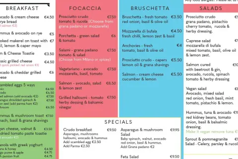 Menu z opcjami śniadaniowymi, focaccią, bruschettą i sałatkami. Sprawdź, ile kosztuje obiad na Malcie, np. sałatka z prosciutto za 9,50 €.