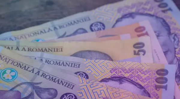 Kilka banknotów rumuńskiej waluty lei leży na drewnianym blacie. Widać nominały 10, 50 i 100.