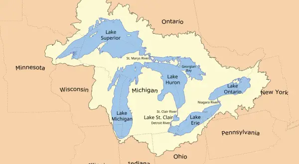 Mapa Wielkich Jezior. Jezioro Erie znajduje się na południe od Jeziora Huron i Michigan, na wschód od Ohio i Pensylwanii.