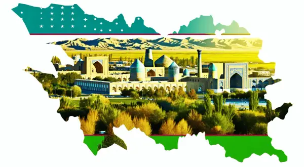 Krajobraz Uzbekistanu z zabytkami i flagą. Czy wyjazd do Uzbekistanu jest bezpieczny? Tak, to fascynująca podróż!
