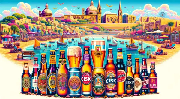 Malta: piwo na plaży, a ile kosztuje alkohol na Malcie? Kolorowe butelki i puszki piwa na tle maltańskiego wybrzeża.
