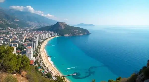 Piękna zatoka z piaszczystą plażą, hotelami i górami w tle. Idealne miejsce, by zastanowić się, gdzie do Turcji na wakacje.