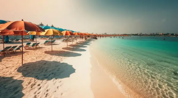 Piękna plaża z rzędem parasoli i leżaków, turkusowa woda i ludzie kąpiący się w morzu. Czy Djerba jest bezpieczna? Wygląda na spokojną i relaksującą.