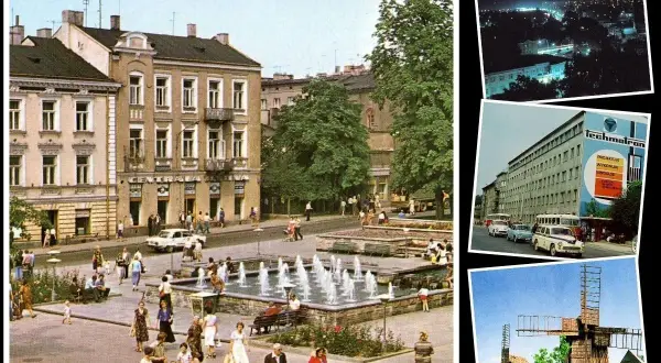Co zobaczyć w Radomiu: Rynek z fontanną, nocna panorama miasta, budynek Technitronu i zabytkowe wiatraki.