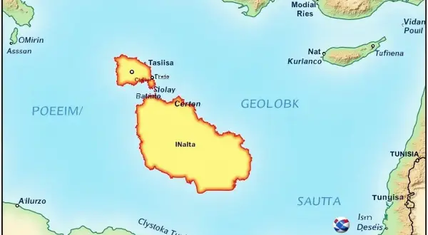 Mapa pokazuje, gdzie leży Malta na mapie, między Tunezją a Cyprem, na Morzu Śródziemnym.