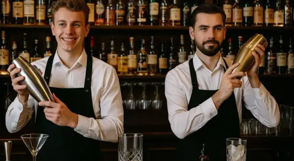 Dwóch barmanów w fartuchach przygotowuje drinki. Zastanawiasz się, ile zarabia barman?