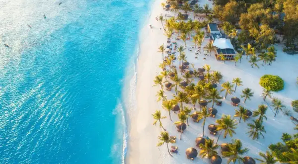 Rajska plaża z palmami i turkusową wodą. Idealne miejsce, by odpocząć. Kiedy najlepiej lecieć na Zanzibar? W porze suchej, od czerwca do października.