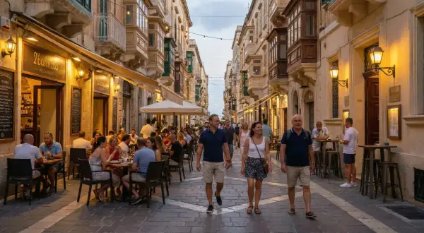 Ludzie spacerują i jedzą w restauracjach na maltańskiej uliczce. Czy Malta jest zagrożona? Wygląda na to, że tętni życiem.