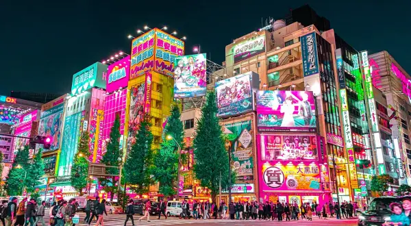 Akihabara nocą, pełna neonów i reklam, to miejsce, co warto zobaczyć w Tokio. Tłumy ludzi przechodzą przez pasy.