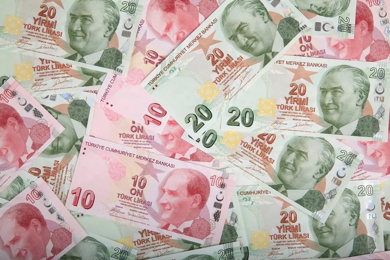 Turecka lira to waluta, jaką płacimy w Turcji. Widoczne banknoty 10 i 20 lir.