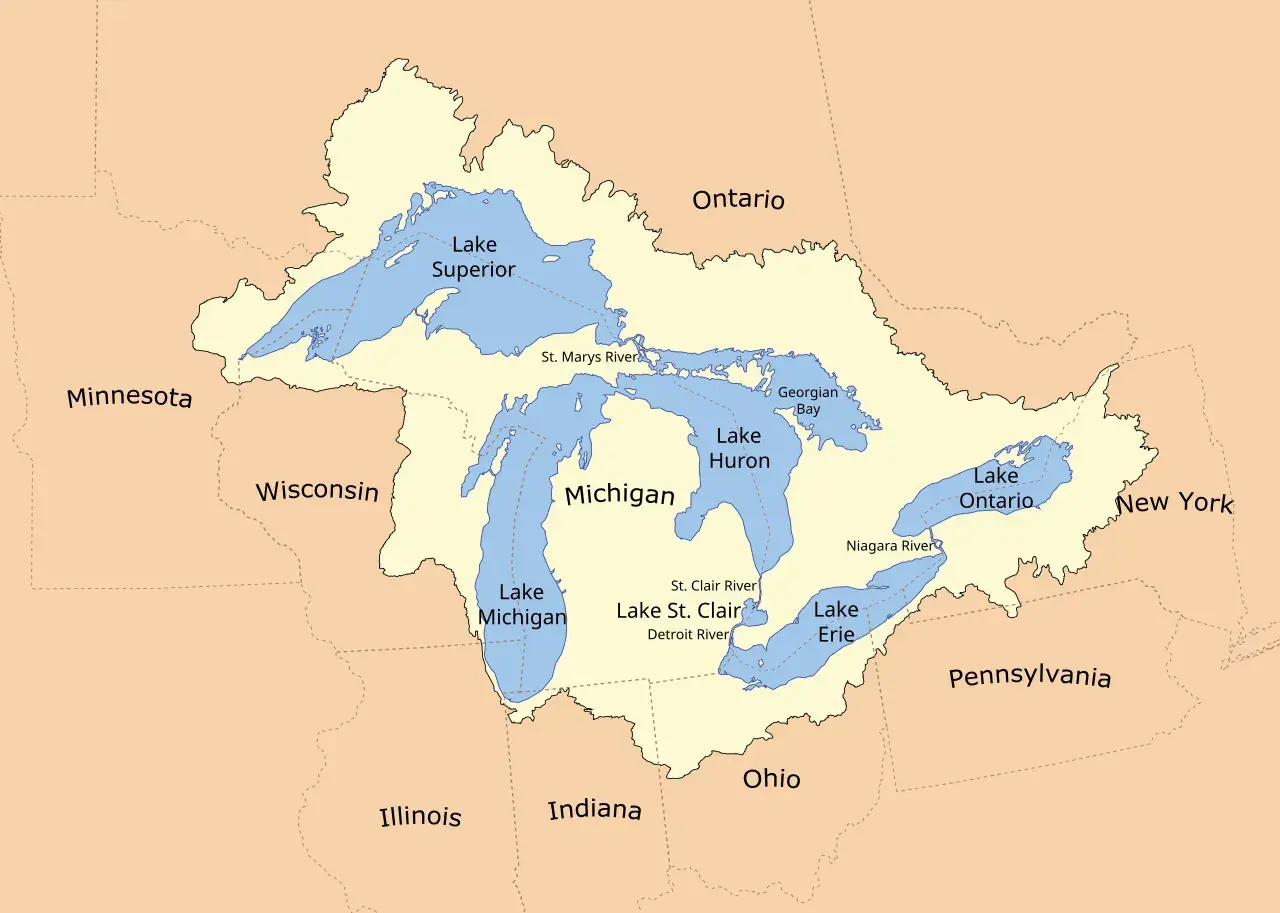 Mapa Wielkich Jezior. Jezioro Erie znajduje się na południe od Jeziora Huron i Michigan, na wschód od Ohio i Pensylwanii.
