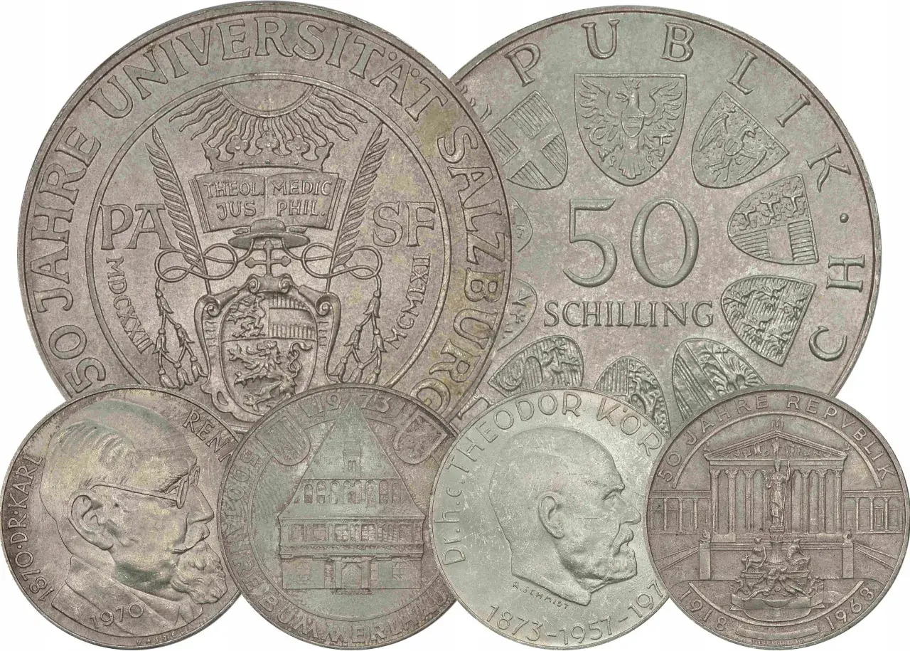 Kiedyś drobniak w Austrii. Kolekcja monet upamiętniających 50-lecie republiki, uniwersytet w Salzburgu i postacie historyczne.
