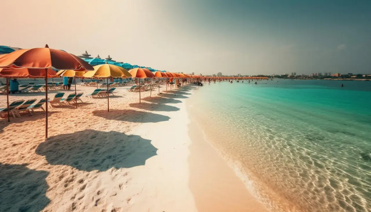Piękna plaża z rzędem parasoli i leżaków, turkusowa woda i ludzie kąpiący się w morzu. Czy Djerba jest bezpieczna? Wygląda na spokojną i relaksującą.