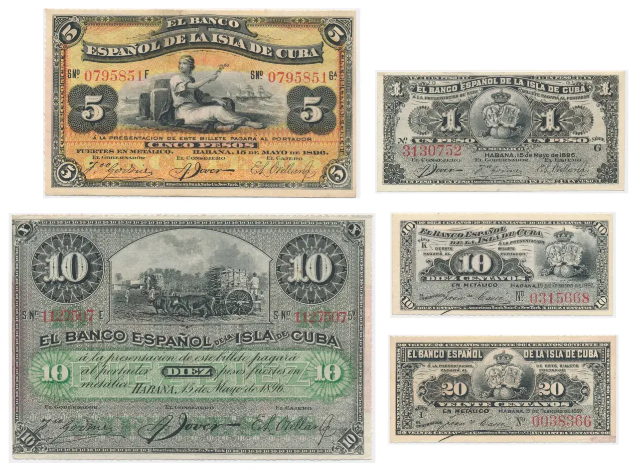 Stare banknoty z Kuby: 5, 1 i 10 pesos, gdzie jest waluta pesos. Widoczne sceny z życia i symbole narodowe.