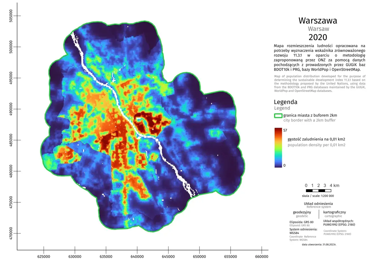 Mapa gęstości zaludnienia Warszawy 2020. Widać, że Warszawa jest znacznie większa niż Malta, której obszar jest mniejszy.