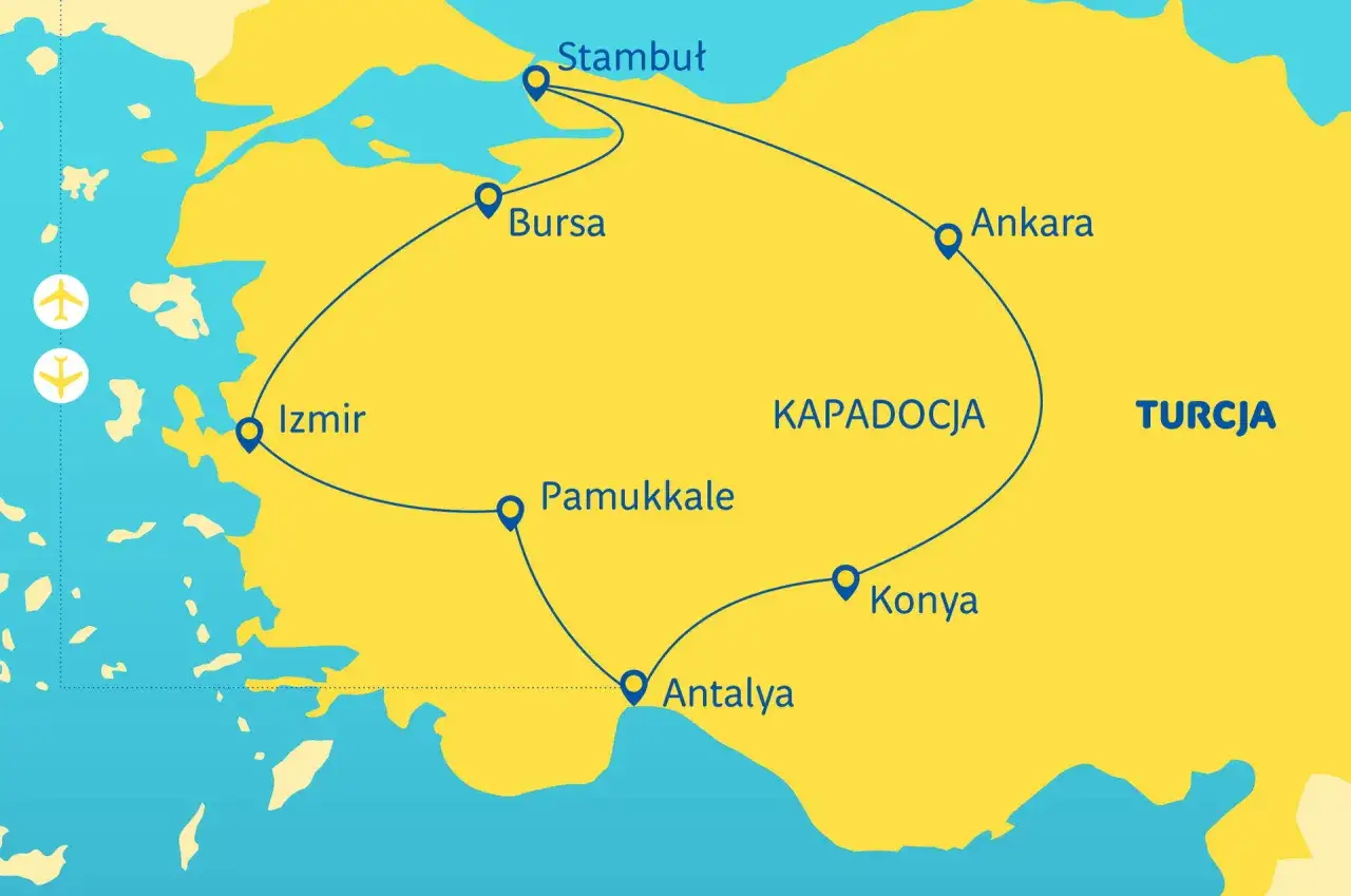 Mapa Turcji z zaznaczonymi miastami: Stambuł, Bursa, Izmir, Pamukkale, Antalya, Konya, Kapadocja i Ankara. Planujesz podróż, gdzie do Turcji?