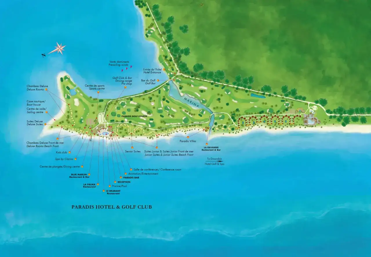 Mapa Paradis Hotel & Golf Club na Mauritius. Widok z lotu ptaka na pole golfowe, plażę, baseny i budynki.