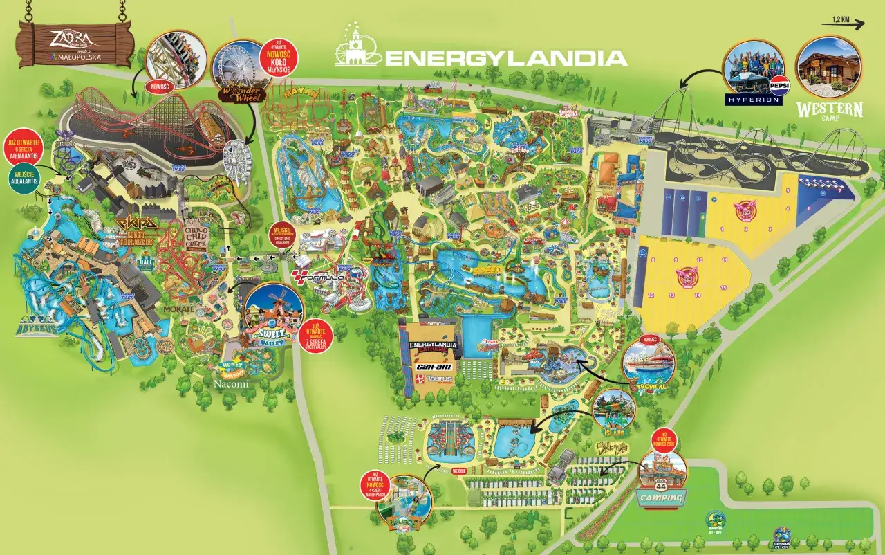 Mapa Energylandii pokazuje, ile jest atrakcji: od ekstremalnych roller coasterów po strefy wodne i familijne.
