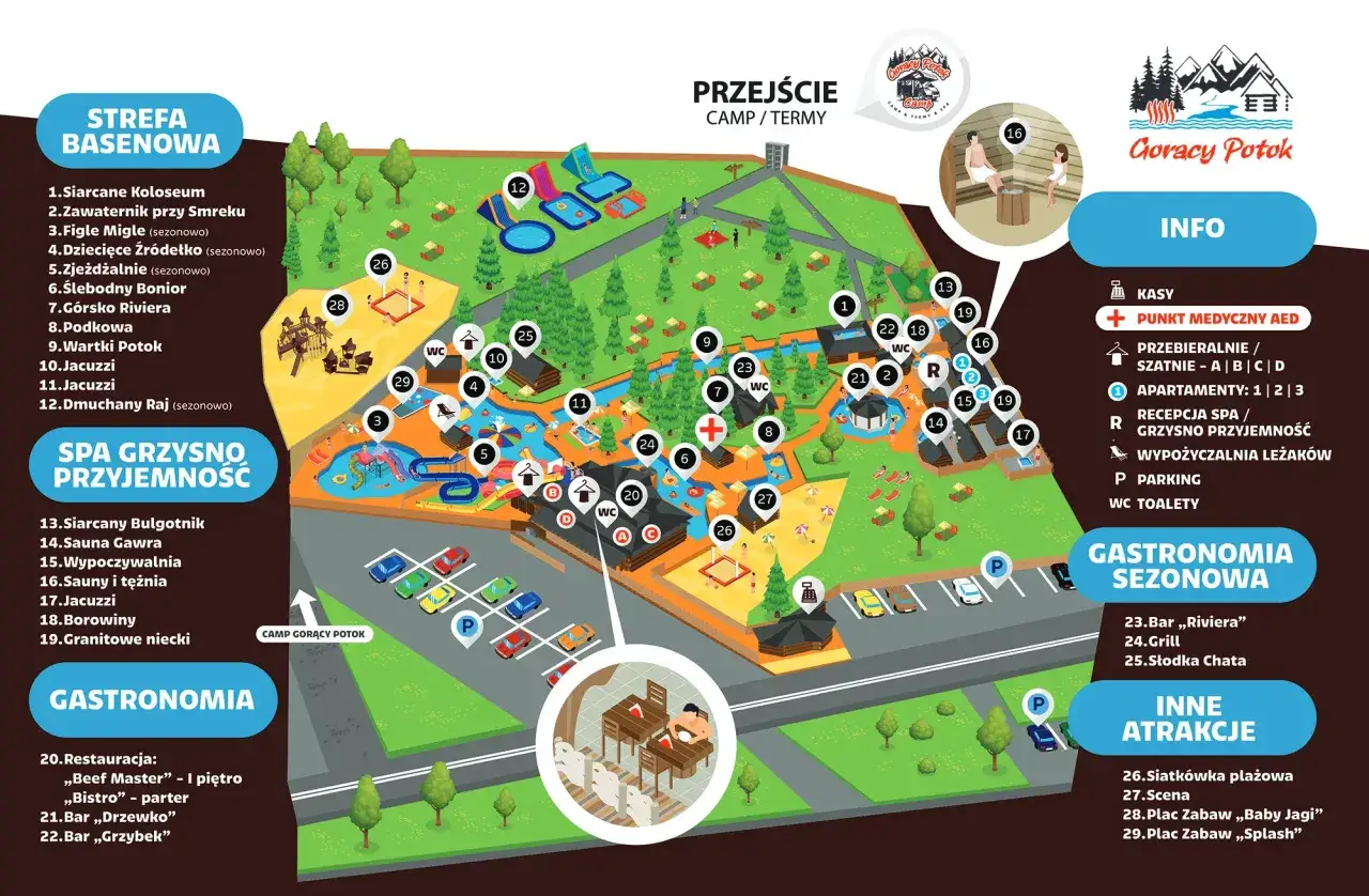 Mapa kompleksu Gorący Potok. Znajdziesz tu baseny, spa, gastronomię i inne atrakcje. Sprawdź, ile jest term w Polsce i odwiedź ten!