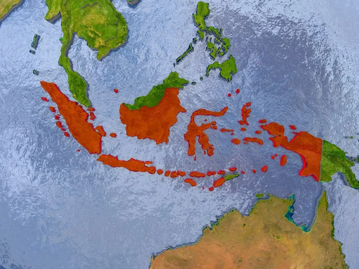 Mapa Indonezji z zaznaczonymi wyspami. Kiedy jest sezon na Bali, warto zaplanować podróż do tego archipelagu.